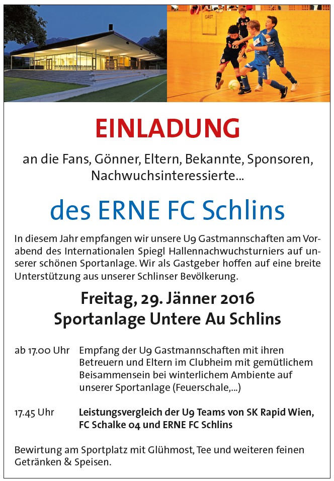 Einladung Empfangsabend 29. Jänner 2016 Rapid Wien FC Schalke 04 ERNE FC Schlins